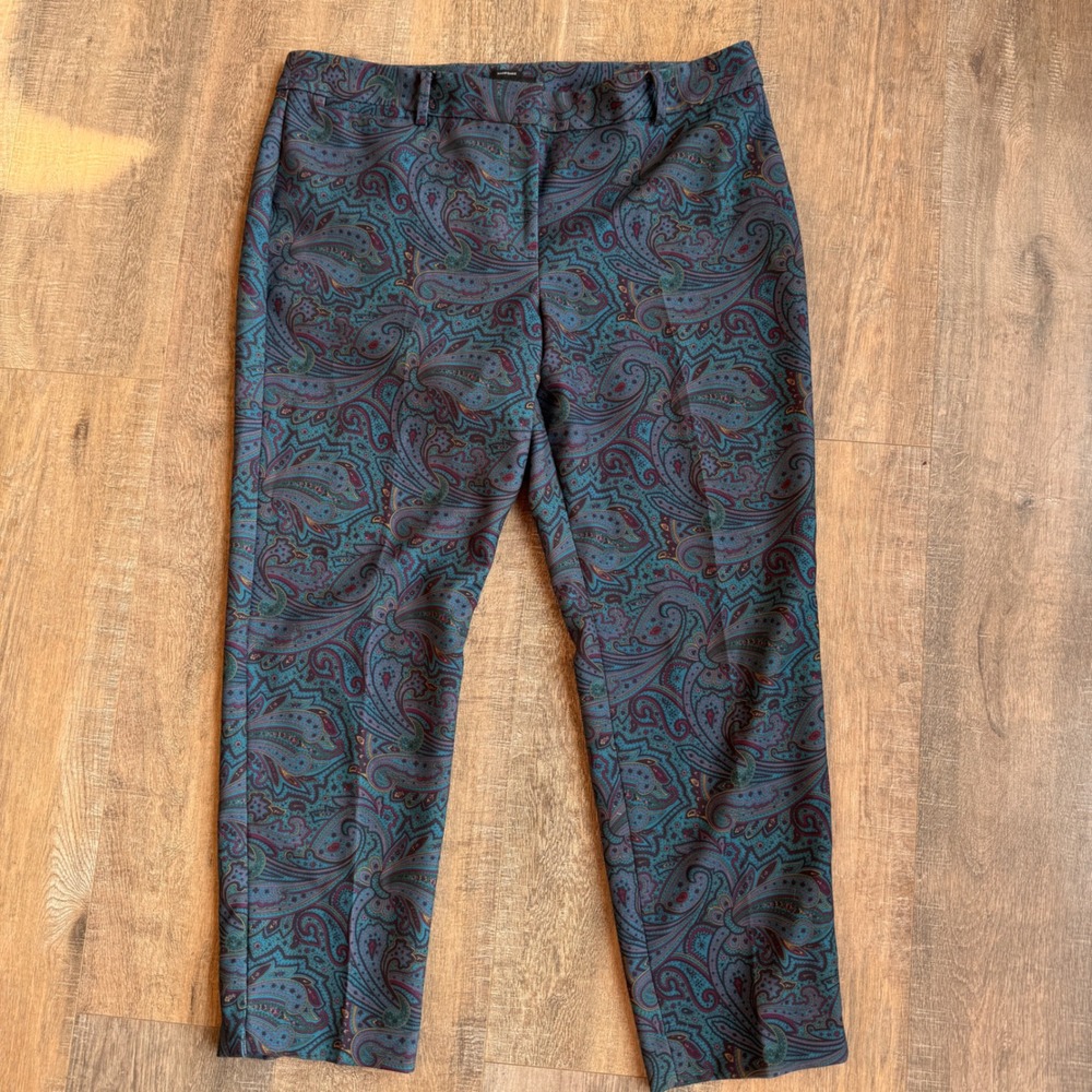 Talbots Hampshire Ankle Pants Womens 16 Teal Purple Paisley Straight Leg Stretch
